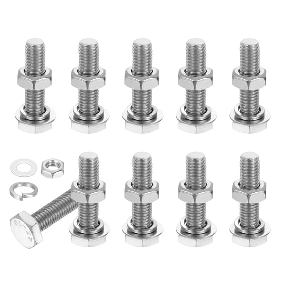 Uxcell M10x40mm Hex Bolt with Nuts Washers, 10 Set Stainless Steel Hex Screw Bolts Full Thread