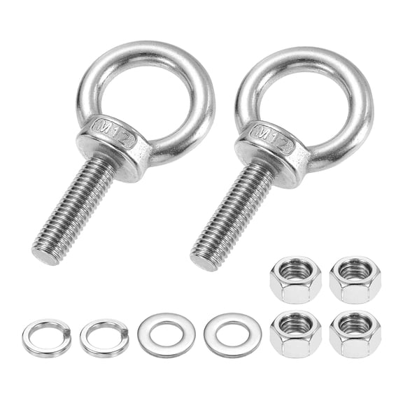 Uxcell M12 x 40mm Eye Bolt, 2Pcs 304 Stainless Steel Thread Lifting Ring Set, Silver