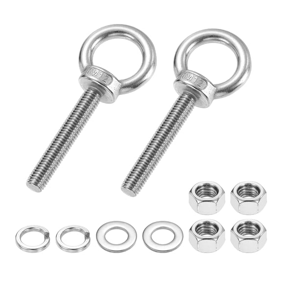 Uxcell M12 x 70mm Eye Bolt, 2Pcs 304 Stainless Steel Thread Lifting Ring Set, Silver
