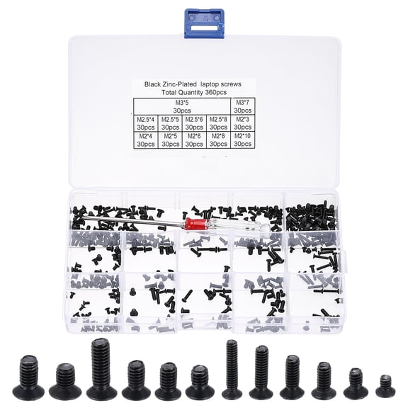 Uxcell M2 M2.5 M3 Laptop Computer Screw Kit, 361Pcs Carbon Steel Phillips Flat Countersunk Head Screw Assortments for Universal Laptops PC Case DIY Repair, Black