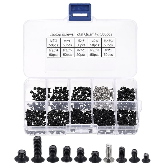 Uxcell M2 M2.5 M3 Laptop Computer Screw Kit, 500Pcs Carbon Steel Phillips Flat Countersunk Head Screw Assortments for Universal Laptops PC Case DIY Repair, Black/Silver