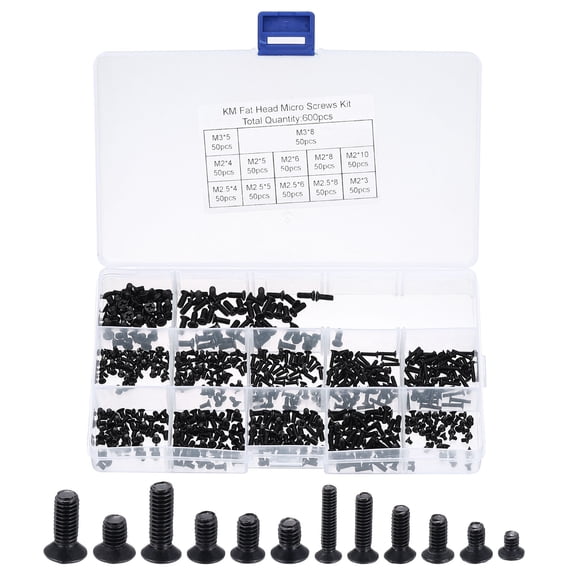 Uxcell M2 M2.5 M3 Laptop Computer Screw Kit, 600Pcs Carbon Steel Phillips Flat Countersunk Head Screw Assortments for Universal Laptops PC Case DIY Repair, Black