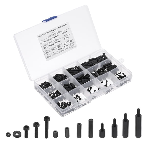 Uxcell M2 Nylon Spacer, 320Pcs Male-Female Hex Screws & Nuts Assortment Kit, Black