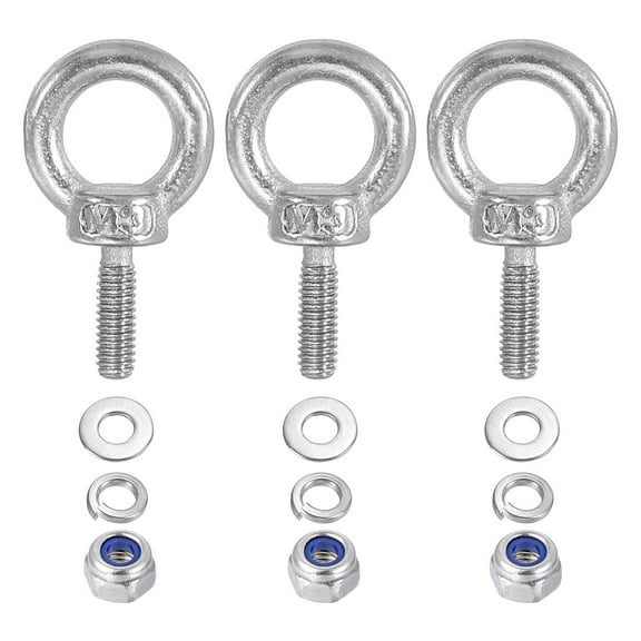 Uxcell M3 x 9mm Lifting Shoulder Eye Bolt 304 Stainless Steel Lifting Ring Threaded Eyebolt with Nuts and Washers 3Pcs