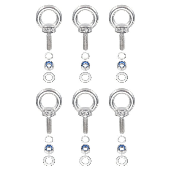Uxcell M3 x 9mm Lifting Shoulder Eye Bolt 304 Stainless Steel Lifting Ring Threaded Eyebolt with Nuts and Washers 6Pcs