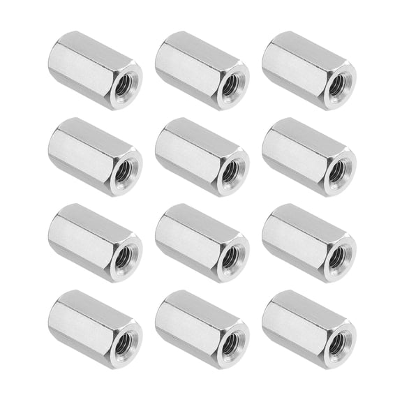 Uxcell M3x0.5 Pitch 304 Stainless Steel Hex Coupling Nuts, 12 Pcs 10mm / 0.39" Length Coarse Fully Threaded Rod Coupling Nut Studding Connector Fasteners, Silver Tone