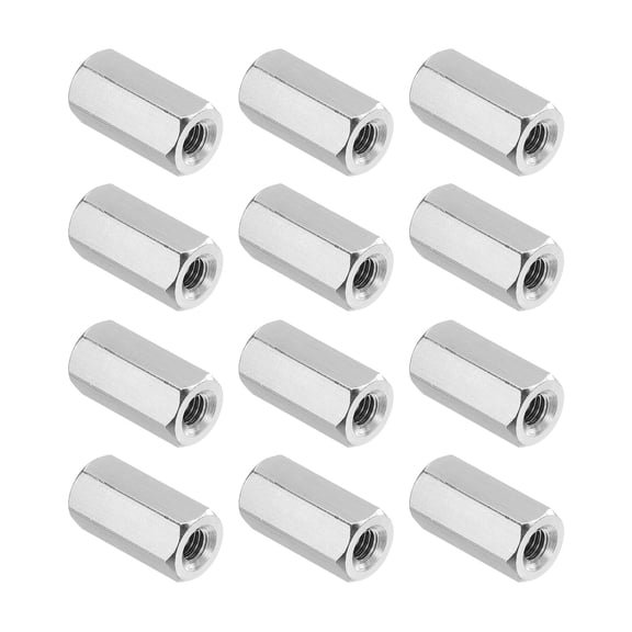 Uxcell M3x0.5 Pitch 304 Stainless Steel Hex Coupling Nuts, 12 Pcs 12mm / 0.47" Length Coarse Fully Threaded Rod Coupling Nut Studding Connector Fasteners, Silver Tone