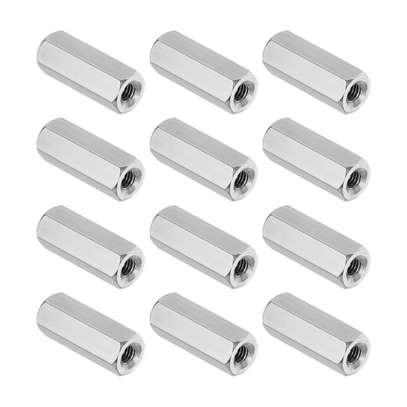 Uxcell M3x0.5 Pitch 304 Stainless Steel Hex Coupling Nuts, 12 Pcs 16mm / 0.63" Length Coarse Fully Threaded Rod Coupling Nut Studding Connector Fasteners, Silver Tone