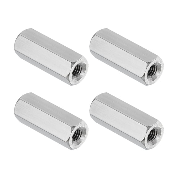 Uxcell M3x0.5 Pitch 304 Stainless Steel Hex Coupling Nuts, 4 Pcs 16mm / 0.63" Length Coarse Fully Threaded Rod Coupling Nut Studding Connector Fasteners, Silver Tone