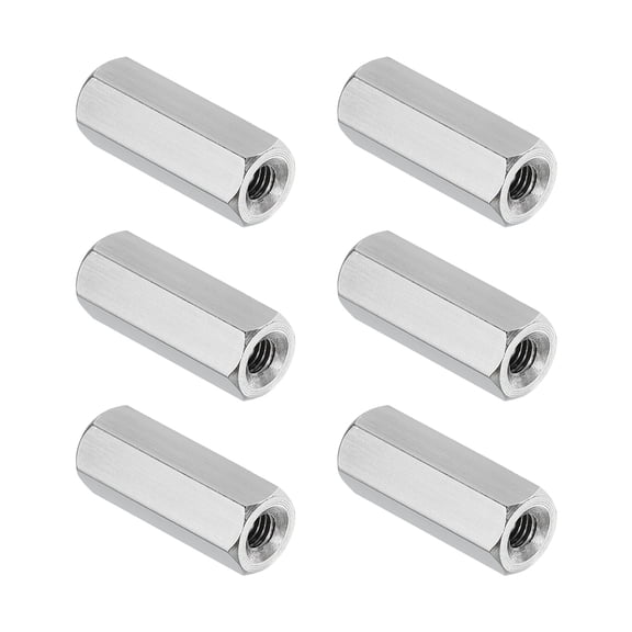 Uxcell M3x0.5 Pitch 304 Stainless Steel Hex Coupling Nuts, 6 Pcs 16mm / 0.63" Length Coarse Fully Threaded Rod Coupling Nut Studding Connector Fasteners, Silver Tone