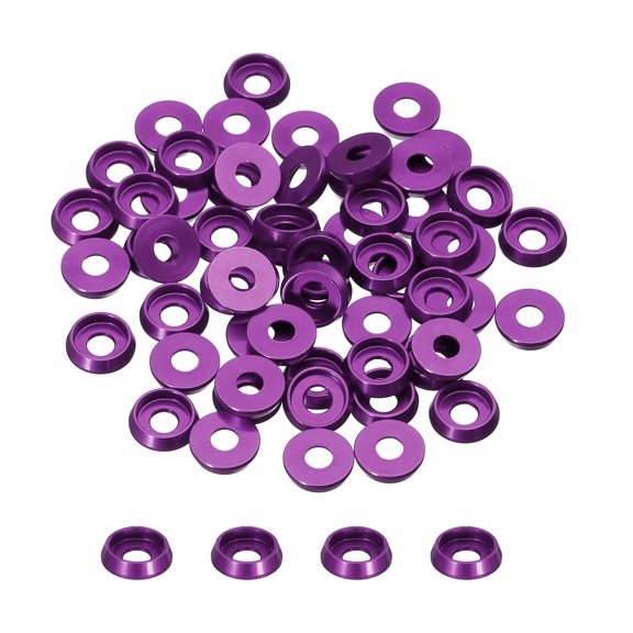 Uxcell M4 Cone Cup Countersunk Washers,Hole Dia 3mm/0.12" Anodized Aluminum for Screw RC,Model Parts,60PCS(Purple)