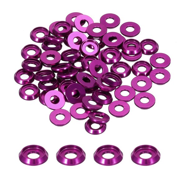 Uxcell M4 Cone Cup Countersunk Washers,Hole Dia 4mm/0.16" Anodized Aluminum for Screw RC,Model Parts,60PCS(Purple)