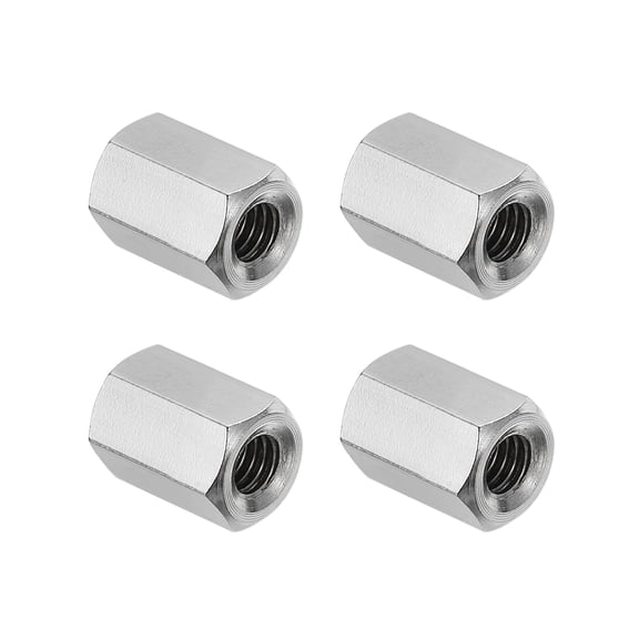 Uxcell M4x0.7 Pitch 304 Stainless Steel Hex Coupling Nuts, 4 Pcs 10mm / 0.39" Length Coarse Fully Threaded Rod Coupling Nut Studding Connector Fasteners, Silver Tone