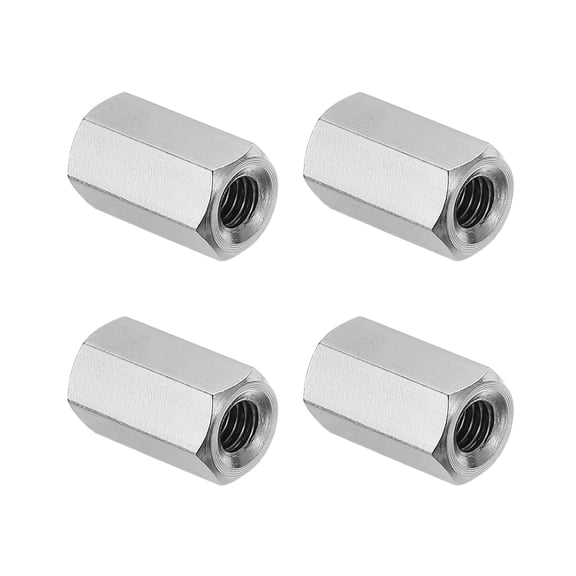 Uxcell M4x0.7 Pitch 304 Stainless Steel Hex Coupling Nuts, 4 Pcs 12mm / 0.47" Length Coarse Fully Threaded Rod Coupling Nut Studding Connector Fasteners, Silver Tone