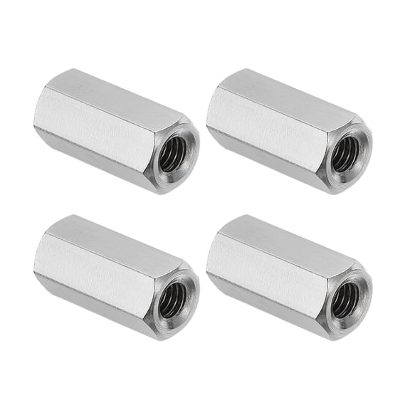 Uxcell M4x0.7 Pitch 304 Stainless Steel Hex Coupling Nuts, 4 Pcs 15mm / 0.59" Length Coarse Fully Threaded Rod Coupling Nut Studding Connector Fasteners, Silver Tone
