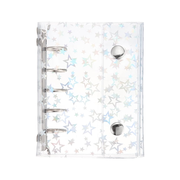 Uxcell M5 Binder Cover, 5 Ring Glitter Stars Pattern Soft PVC Loose Leaf File Folder Notebook Shell Refillable Sheet Protector with 2 Snaps Button for Budget Planner, Silver Clip