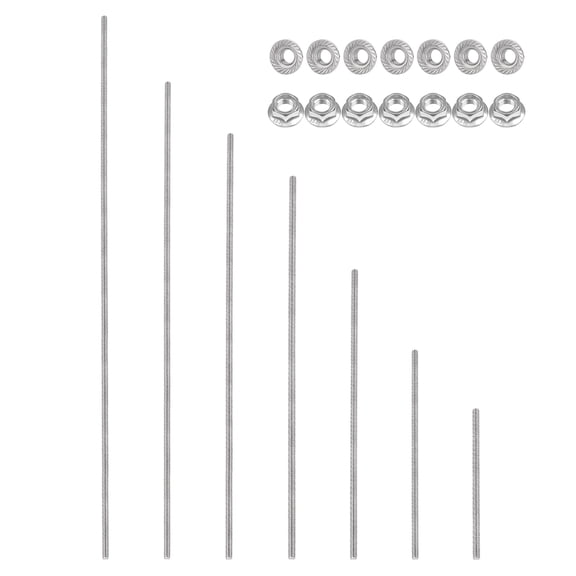 Uxcell M5 x 0.8mm Fully Threaded Rods 7 Size, 304 Stainless Steel All Threaded Rod Metric Right Hand Threads with 14Pcs Flange Hexagon Nut for Clamps Hangers U-Bolt
