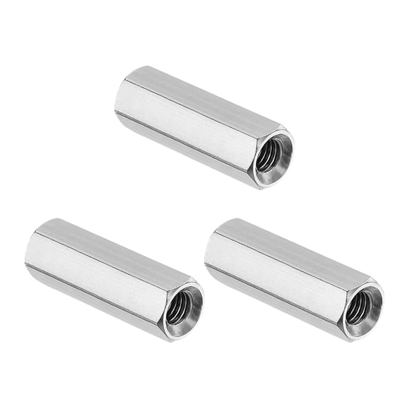 Uxcell M5x0.8 Pitch 304 Stainless Steel Hex Coupling Nuts, 3 Pcs 25mm / 0.98" Length Coarse Fully Threaded Rod Coupling Nut Studding Connector Fasteners, Silver Tone
