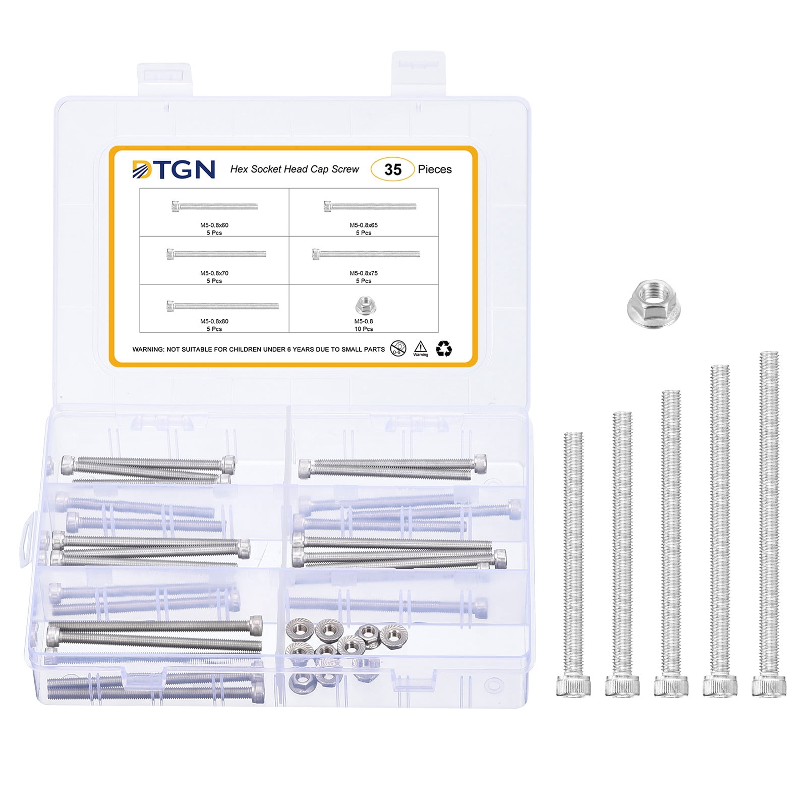 Uxcell M5x0.8x60/65/70/75/80 Hex Socket Head Cap Screws Blots - 35Pack - 304 Stainless Steel Screws Bolts and Flange Nut