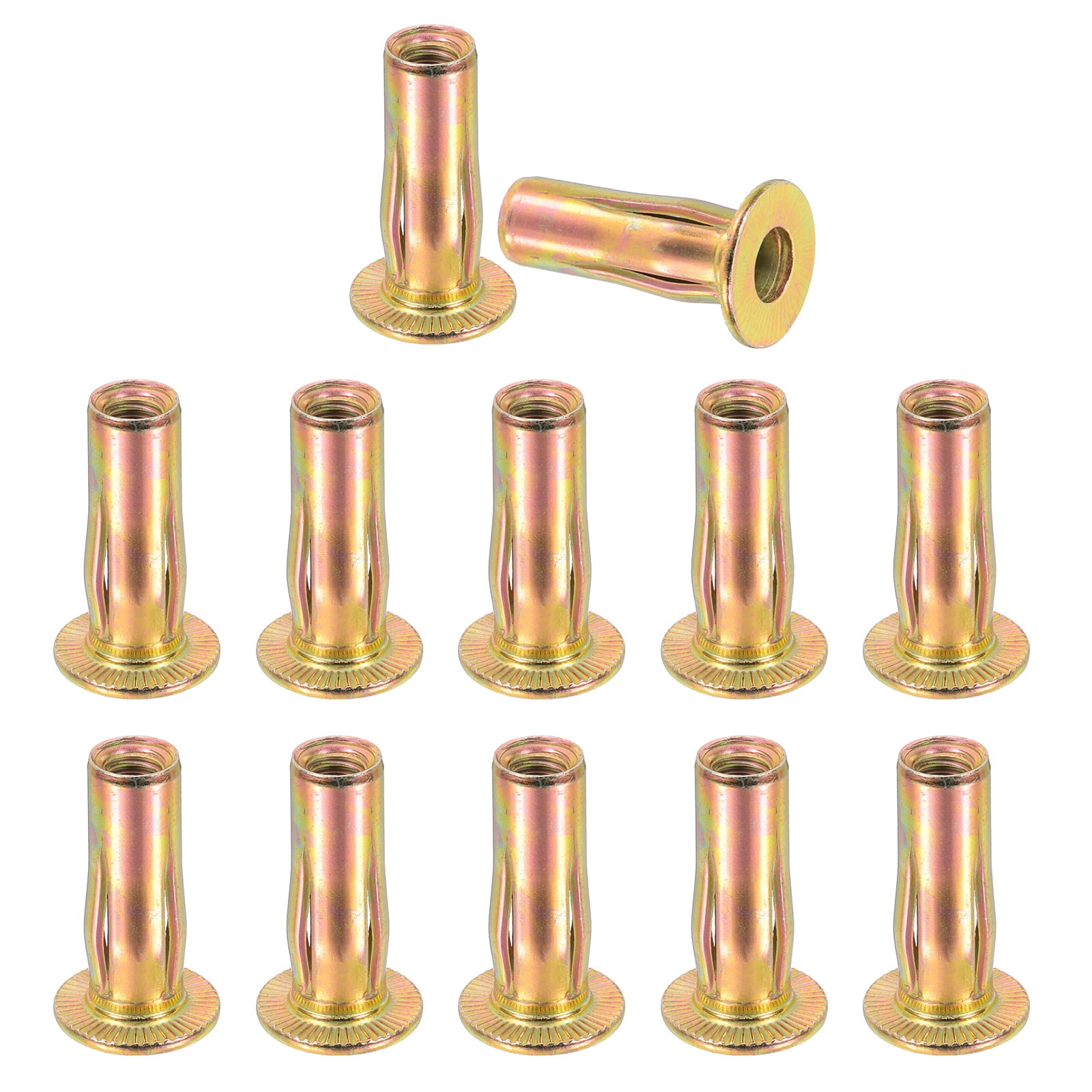 Uxcell M6 Multi-Grip Rivet Nuts Pre-Bulbed Shank Flat Head Threaded Insert Nuts Carbon Steel Color Zinc Plated, 12 Pcs