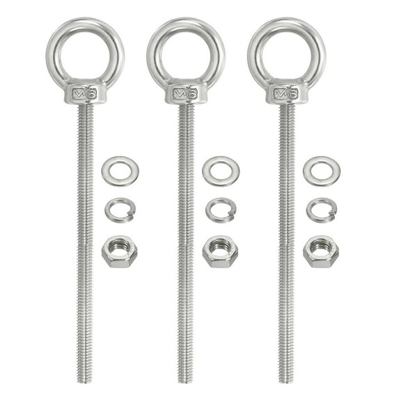 Uxcell M6 x 100mm Lifting Shoulder Eye Bolt Stainless Steel Lifting Ring Threaded Eyebolt with Nuts and Washers 3Pcs