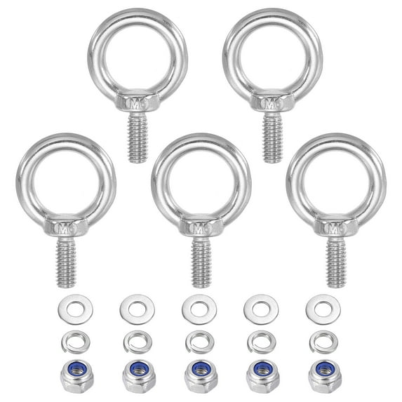 Uxcell M6 x 14mm Lifting Shoulder Eye Bolt 304 Stainless Steel Lifting Ring Threaded Eyebolt with Nuts and Washers 5Pcs