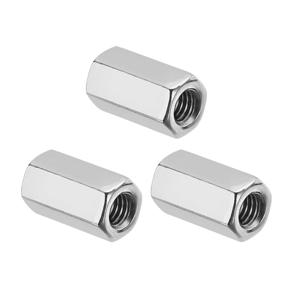 Uxcell M6x1 Pitch 304 Stainless Steel Hex Coupling Nuts, 3 Pcs 18mm / 0.71" Length Coarse Fully Threaded Rod Coupling Nut Studding Connector Fasteners, Silver Tone
