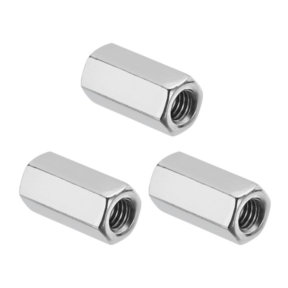 Uxcell M6x1 Pitch 304 Stainless Steel Hex Coupling Nuts, 3 Pcs 20mm / 0.79" Length Coarse Fully Threaded Rod Coupling Nut Studding Connector Fasteners, Silver Tone