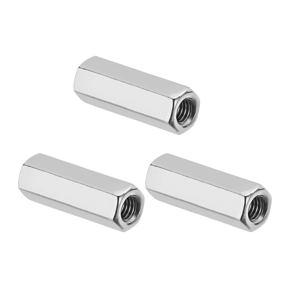 Uxcell M6x1 Pitch 304 Stainless Steel Hex Coupling Nuts, 3 Pcs 30mm / 1.18" Length Coarse Fully Threaded Rod Coupling Nut Studding Connector Fasteners, Silver Tone