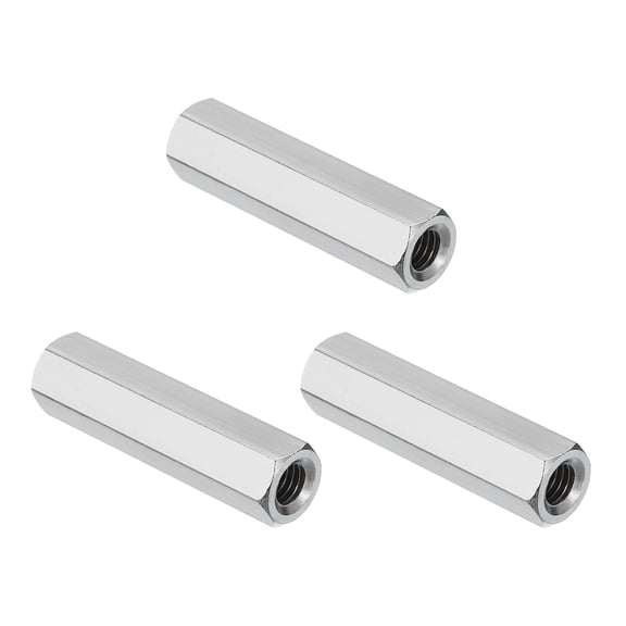 Uxcell M6x1 Pitch 304 Stainless Steel Hex Coupling Nuts, 3 Pcs 40mm / 1.57" Length Coarse Fully Threaded Rod Coupling Nut Studding Connector Fasteners, Silver Tone