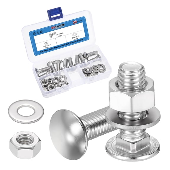 Uxcell M8-1.25x25 Carriage Bolt, 304 Stainless Steel Round Head Square Neck Carriage Screws with Hex Nut and Washer for Home DIY Mechanical Work (Silver Bright Finish / 10 Set)