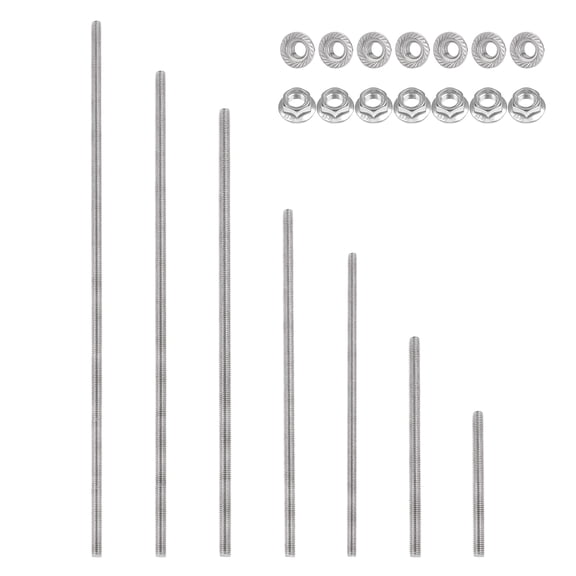 Uxcell M8 x 1.25mm Fully Threaded Rods 7 Size, 304 Stainless Steel All Threaded Rod Metric Right Hand Threads with 14Pcs Flange Hexagon Nut for Clamps Hangers U-Bolt