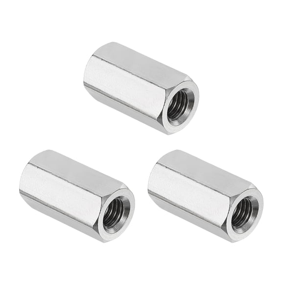 Uxcell M8x1.25 Pitch 304 Stainless Steel Hex Coupling Nuts, 3 Pcs 24mm / 0.94" Length Coarse Fully Threaded Rod Coupling Nut Studding Connector Fasteners, Silver Tone