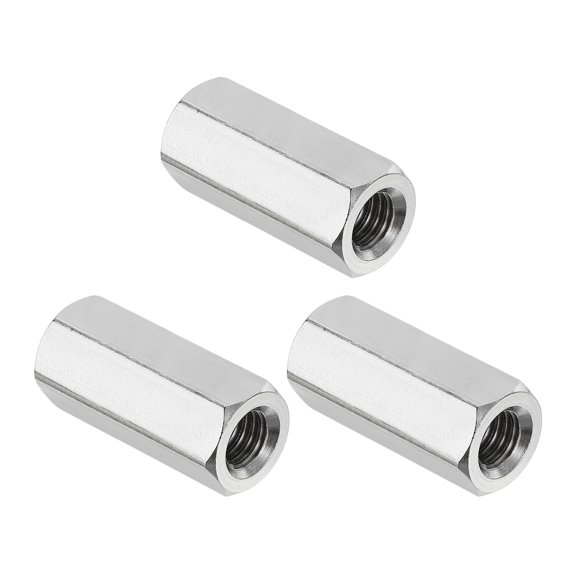 Uxcell M8x1.25 Pitch 304 Stainless Steel Hex Coupling Nuts, 3 Pcs 30mm / 1.18" Length Coarse Fully Threaded Rod Coupling Nut Studding Connector Fasteners, Silver Tone