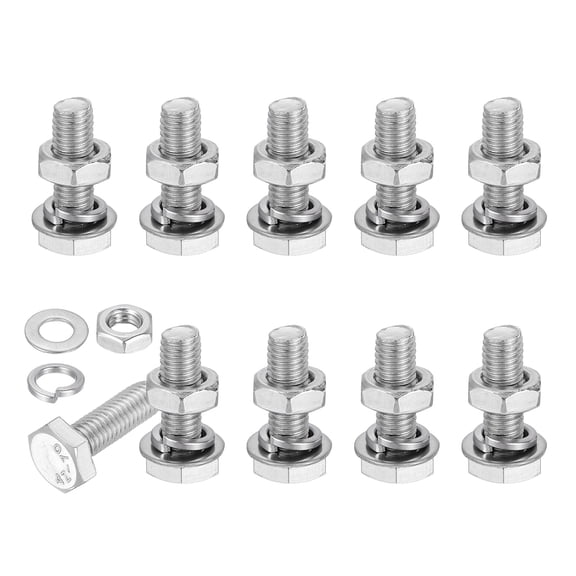 Uxcell M8x25mm Hex Bolt with Nuts Washers, 10 Set Stainless Steel Hex Screw Bolts Full Thread