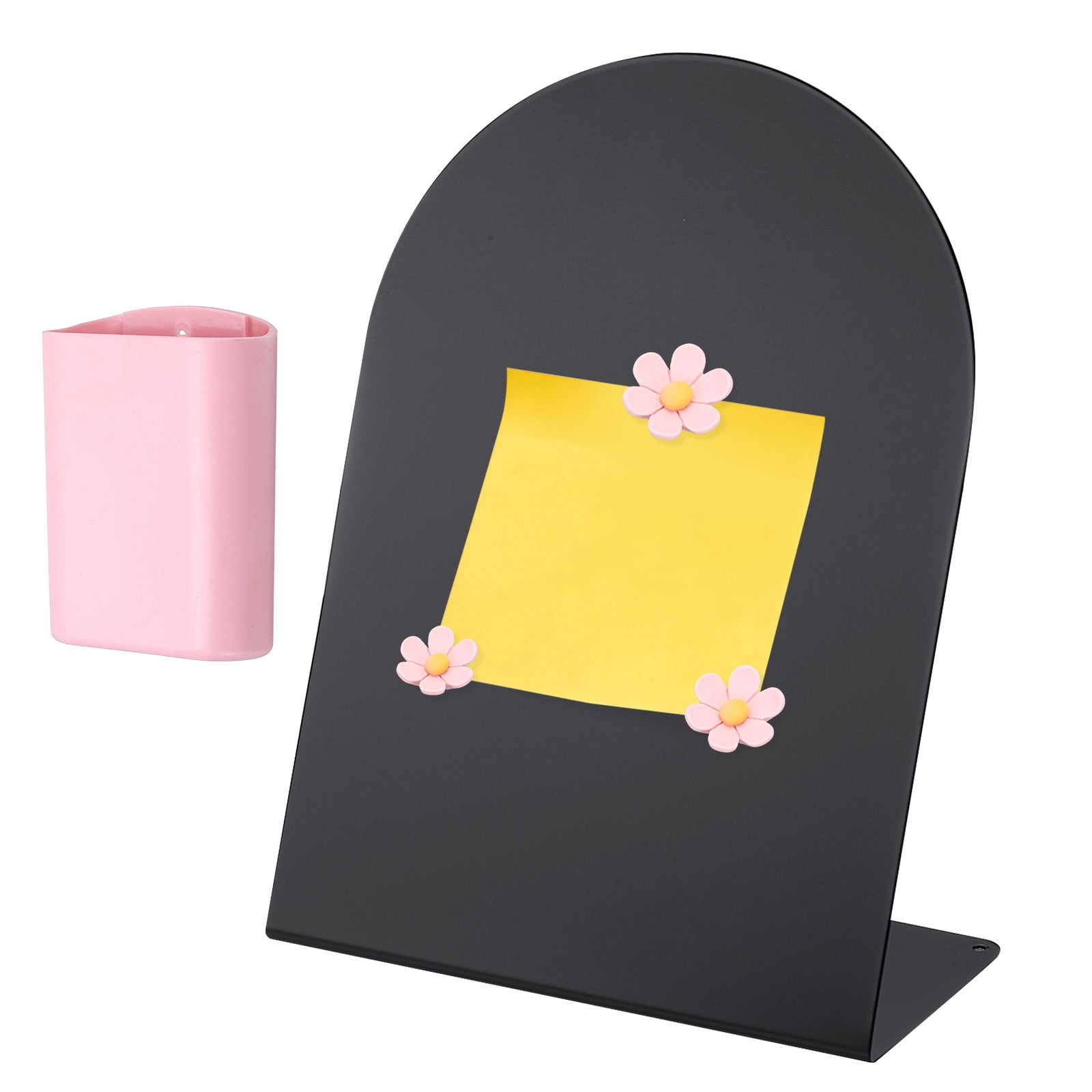 Uxcell Magnetic Bulletin Board, Memo Magnet Display Stand Board with 3 Flower Magnets & Pen Holder for Home Office, Black/Pink