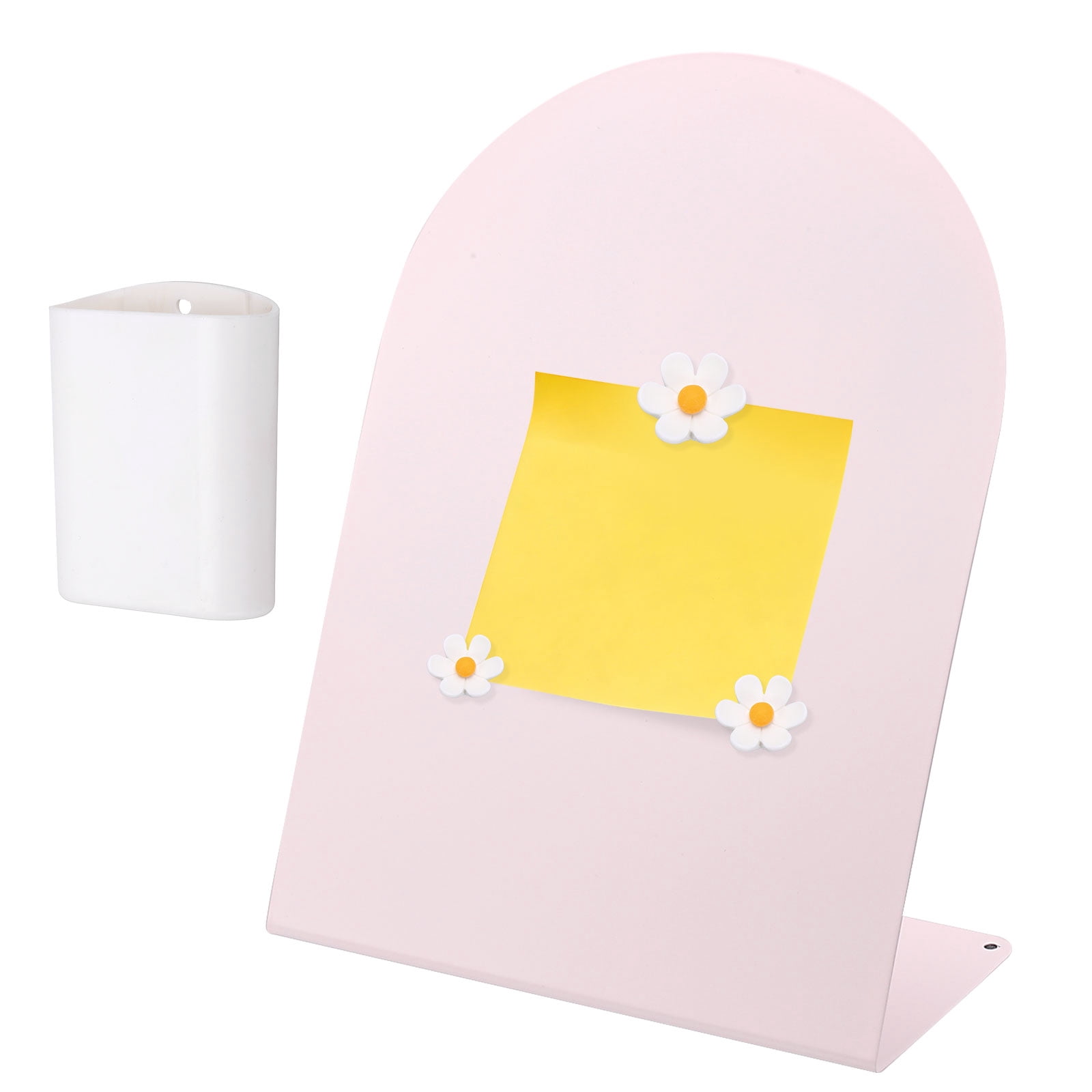 Uxcell Magnetic Bulletin Board, Memo Magnet Display Stand Board with 3 Flower Magnets & Pen Holder for Home Office, Pink/White