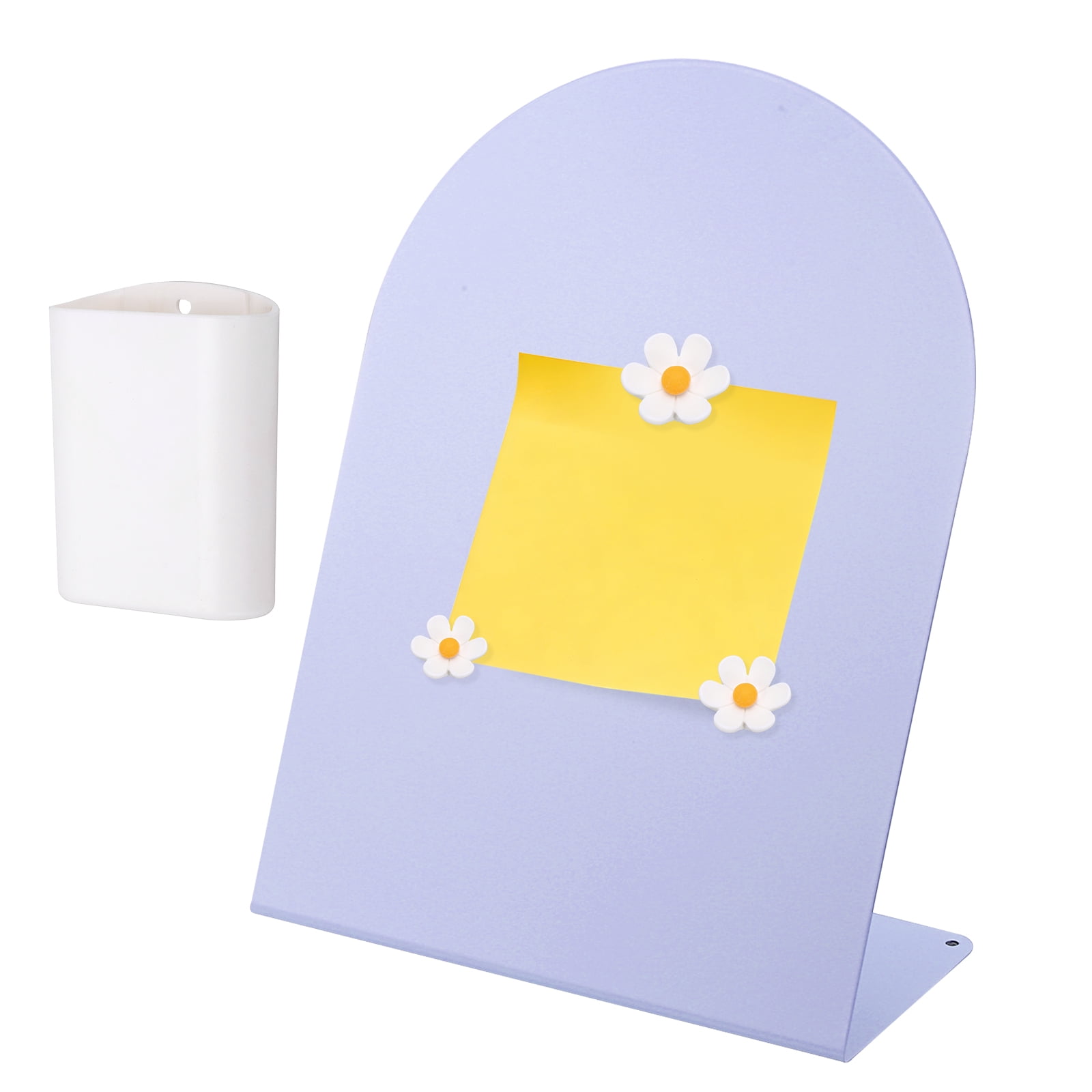 Uxcell Magnetic Bulletin Board, Memo Magnet Display Stand Board with 3 Flower Magnets & Pen Holder for Home Office, Purple/White