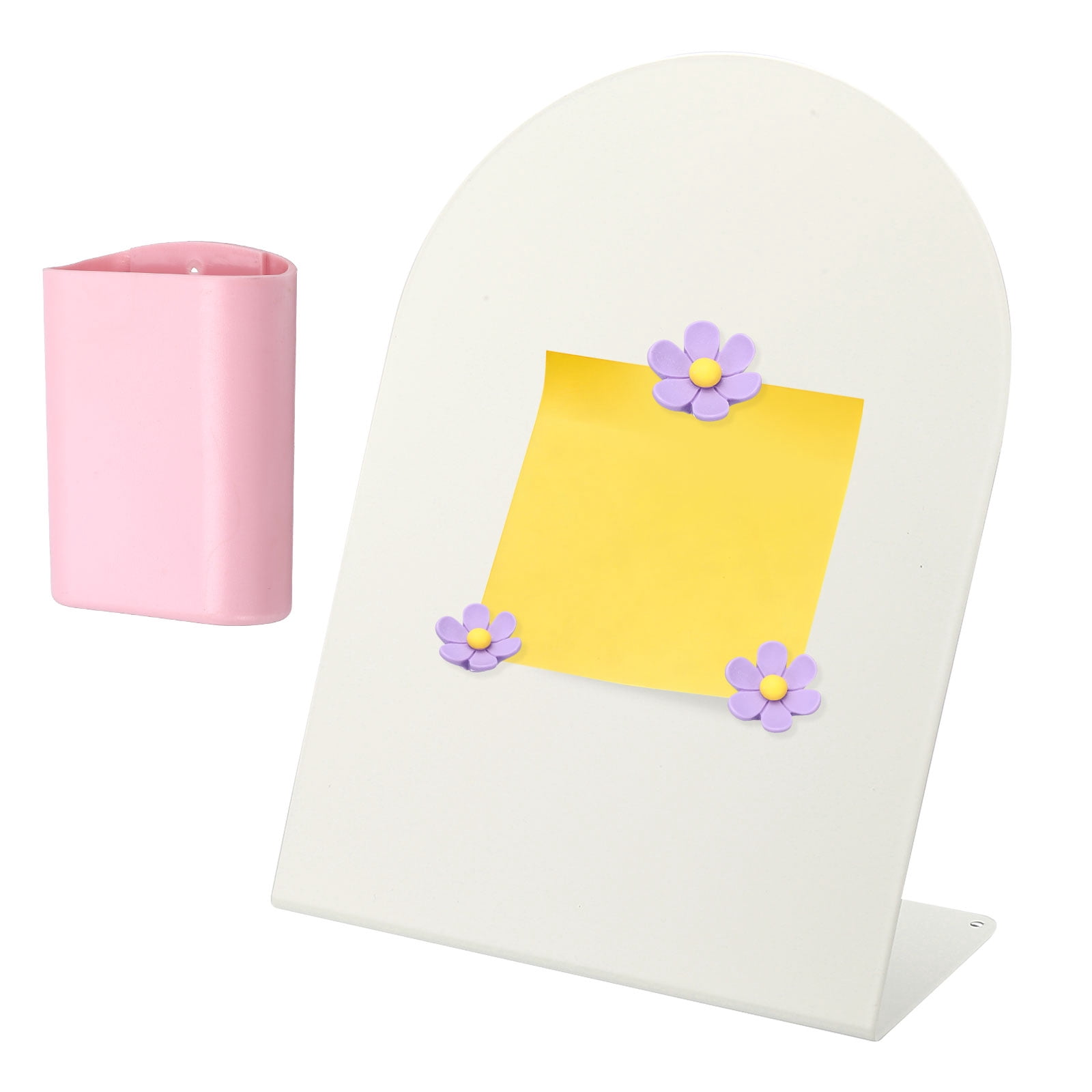 Uxcell Magnetic Bulletin Board, Memo Magnet Display Stand Board with 3 Flower Magnets & Pen Holder for Home Office, White/Purple/Pink