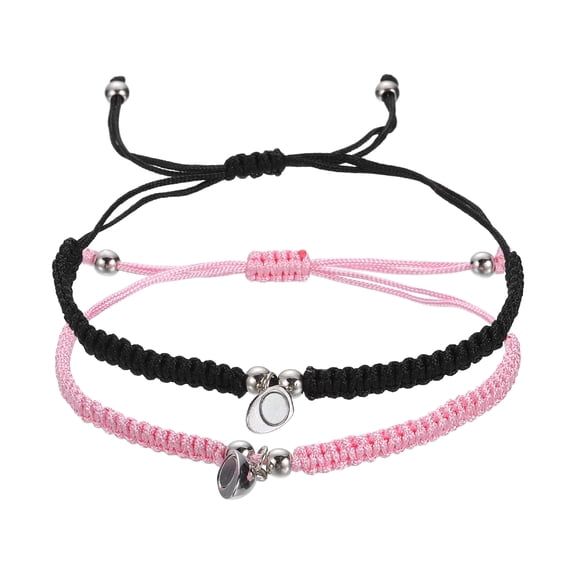 Uxcell Magnetic Couples Bracelets, Heart Adjustable Matching Bracelets with Silver Bead, Handmade Braided Rope Strings for Friendship Jewelry Gifts, Black/Pink