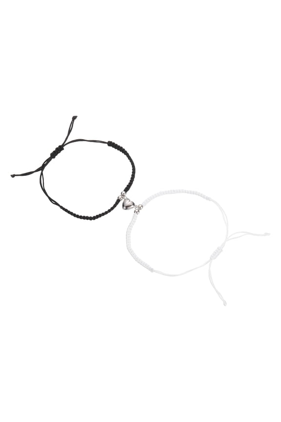 Magnetic Couples Bracelets, Heart Adjustable Matching Bracelets with Silver Bead, Handmade Braided Rope Strings for Friendship Jewelry Gifts, Black/White