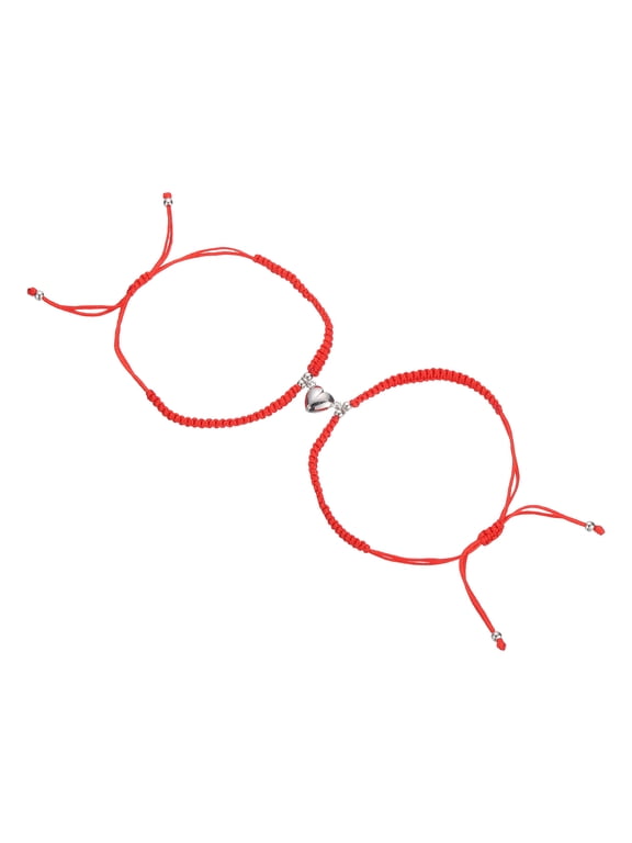 Magnetic Couples Bracelets, Heart Adjustable Matching Bracelets with Silver Bead, Handmade Braided Rope Strings for Friendship Jewelry Gifts, Red