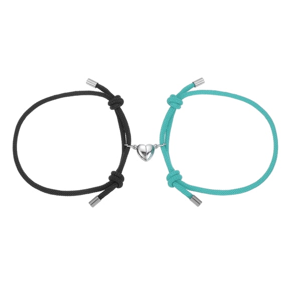 Uxcell Magnetic Couples Bracelets, His and Her Heart Matching Bracelet, Adjustable Braided Rope Cord for Anniversary Friends Women Men Gift, Black/Lake Blue