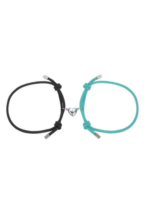 Magnetic Couples Bracelets, His and Her Heart Matching Bracelet, Adjustable Braided Rope Cord for Anniversary Friends Women Men Gift, Black/Lake Blue