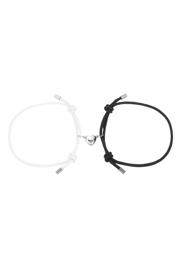 Magnetic Couples Bracelets, His and Her Heart Matching Bracelet, Adjustable Braided Rope Cord for Anniversary Friends Women Men Gift, Black/White