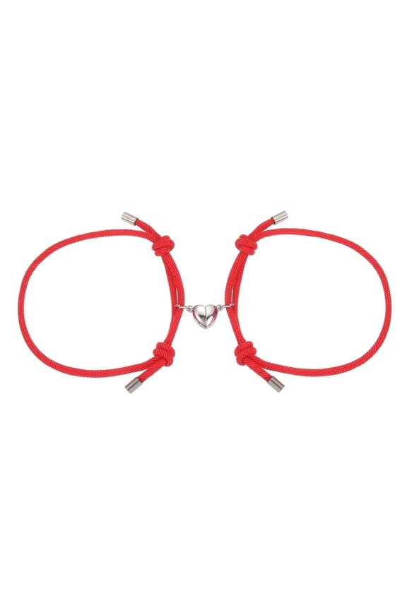 Magnetic Couples Bracelets, His and Her Heart Matching Bracelet, Adjustable Braided Rope Cord for Anniversary Friends Women Men Gift, Red