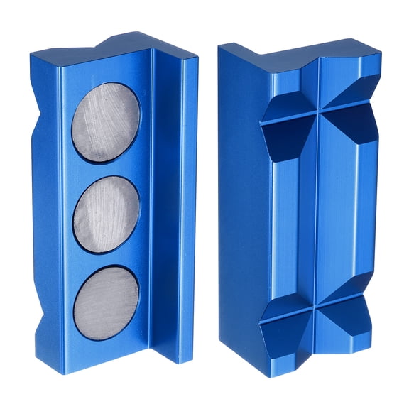 Uxcell Magnetic Vise Jaws 4 Inch Magnet V-Grooves Soft Aluminum Bench Jaw Pads Covers Multi-Purpose Protector, Blue