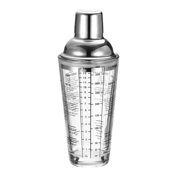 Uxcell Measured Glass Cocktail Shaker, 13.5oz (400ml) Dual-Scale, Silver, Martini Shaker with Leak-Proof Stainless Steel Lid & Strainer, with Measurements for Bartender, Home Bar, Party