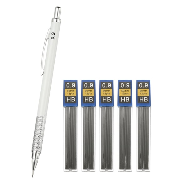 Uxcell Mechanical Pencil 0.9mm, Pencils Mechanical Holder Broad Point Automatic Metal Holder with 5Pcs Refills for Drawing Art Sketching Woodworking, White