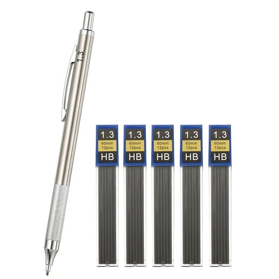 Uxcell Mechanical Pencil 1.3mm, Pencils Mechanical Holder Automatic Metal Holder with 5Pcs Refills for Drawing Art Sketching Woodworking, Silver